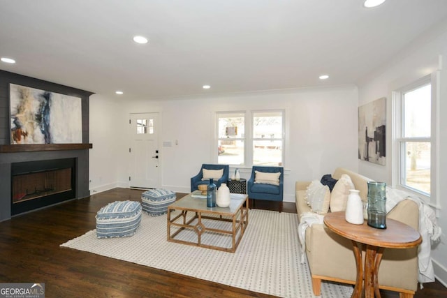 living room featuring a fireplace, dark hardwood / wood-style flooring, and a wealth of natural light