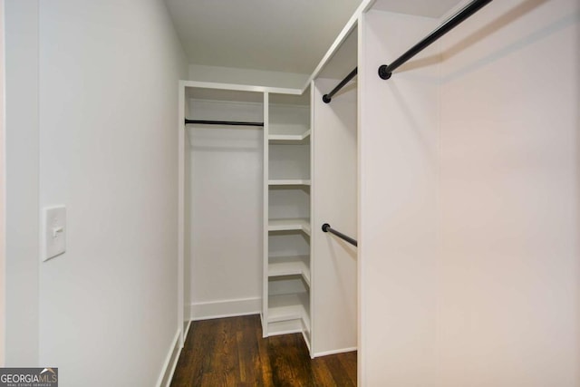 spacious closet with dark hardwood / wood-style flooring