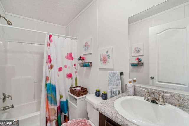 full bathroom featuring toilet, ornamental molding, vanity, and shower / bathtub combination with curtain