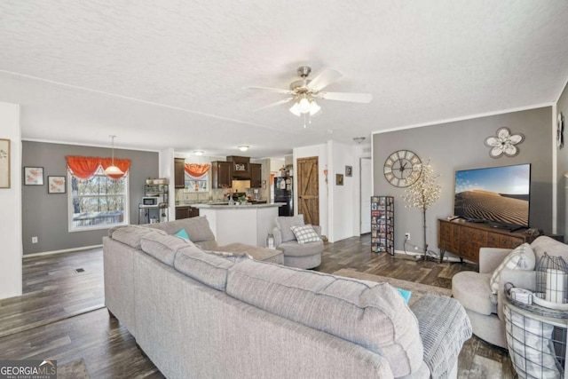 living room with crown molding, dark wood-type flooring, a textured ceiling, and ceiling fan