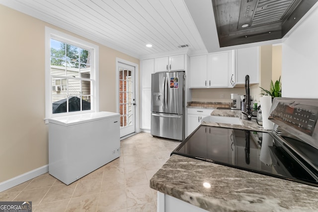 kitchen featuring white cabinetry, refrigerator, stainless steel fridge with ice dispenser, wooden ceiling, and dark stone counters