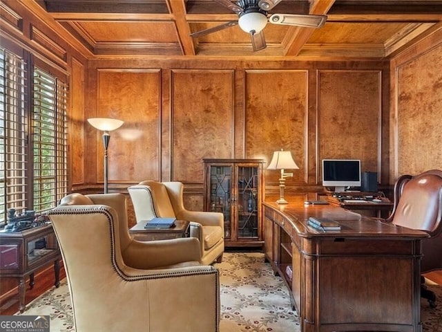 home office featuring coffered ceiling, wood ceiling, crown molding, and wood walls