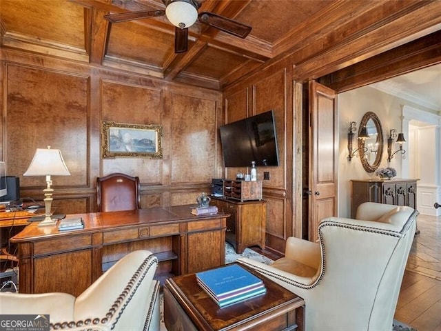 office featuring coffered ceiling, wooden ceiling, ornamental molding, ceiling fan, and beam ceiling