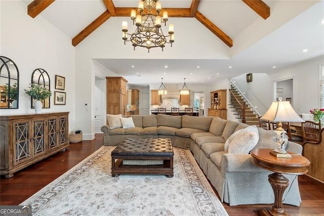 living room with beam ceiling, high vaulted ceiling, a chandelier, and dark hardwood / wood-style flooring