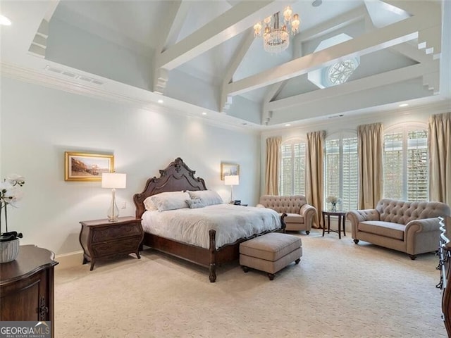 bedroom featuring a notable chandelier, high vaulted ceiling, and carpet flooring