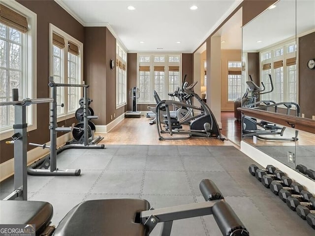 workout area featuring ornamental molding and wood-type flooring