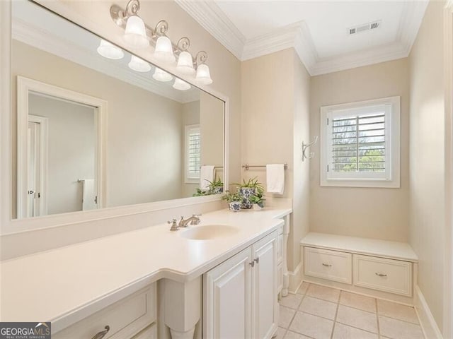 bathroom with vanity, tile patterned flooring, and crown molding