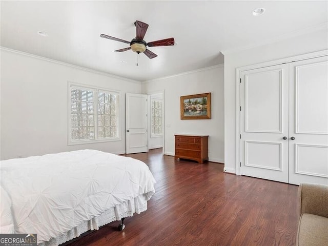 bedroom featuring ceiling fan, ornamental molding, dark hardwood / wood-style floors, and a closet