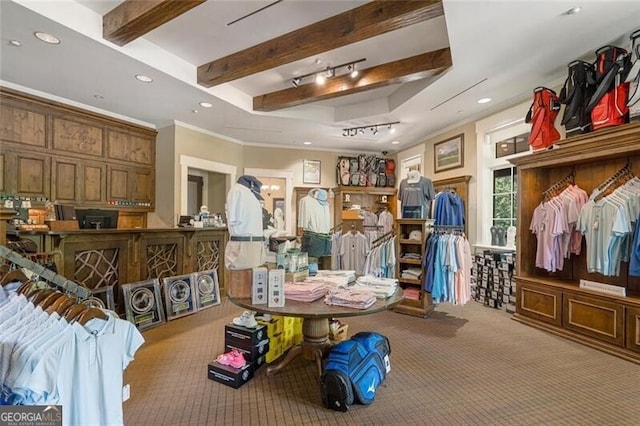 misc room featuring ornamental molding, light colored carpet, and beam ceiling