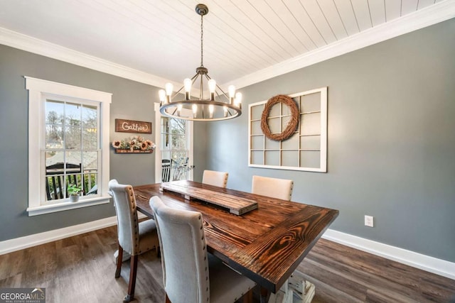 dining room with ornamental molding, an inviting chandelier, dark hardwood / wood-style flooring, and wood ceiling