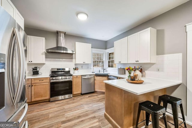 kitchen featuring kitchen peninsula, stainless steel appliances, sink, white cabinets, and wall chimney exhaust hood