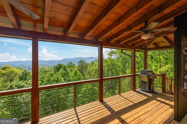 851 Moreland Dr N, Blue Ridge, GA 30513 - deck with area for grilling, a forest view, a ceiling fan, and a mountain view