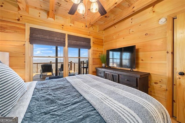 851 Moreland Dr N, Blue Ridge, GA 30513 - bedroom with wood ceiling, wood walls, and beam ceiling