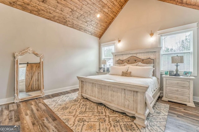 bedroom with hardwood / wood-style floors, wood ceiling, and high vaulted ceiling