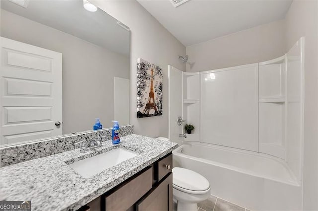 full bathroom with shower / bathtub combination, vanity, toilet, and tile patterned floors