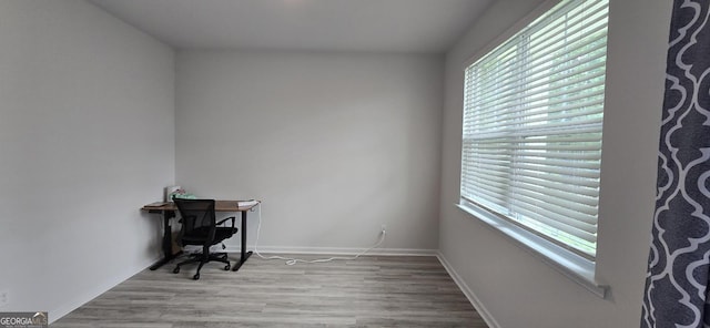 office space with a healthy amount of sunlight and light hardwood / wood-style floors