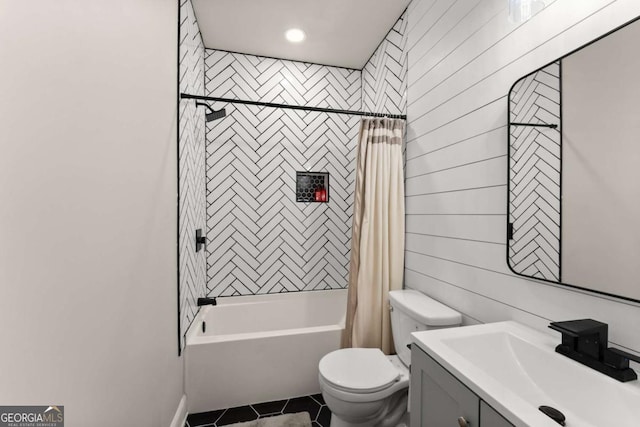 6514 Lemon Grass Ln, Flowery Branch, GA 30542 - bathroom featuring shower / bath combo, vanity, and tile patterned flooring