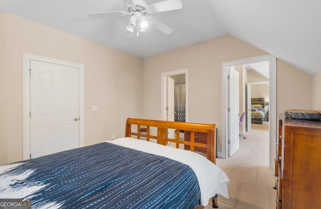 carpeted bedroom featuring baseboards, ceiling fan, lofted ceiling, and visible vents