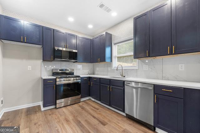 kitchen with tasteful backsplash, sink, stainless steel appliances, and light wood-type flooring