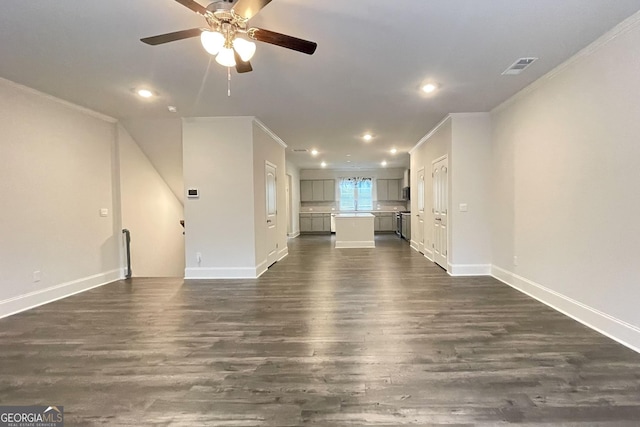 unfurnished living room featuring crown molding, ceiling fan, and dark hardwood / wood-style flooring