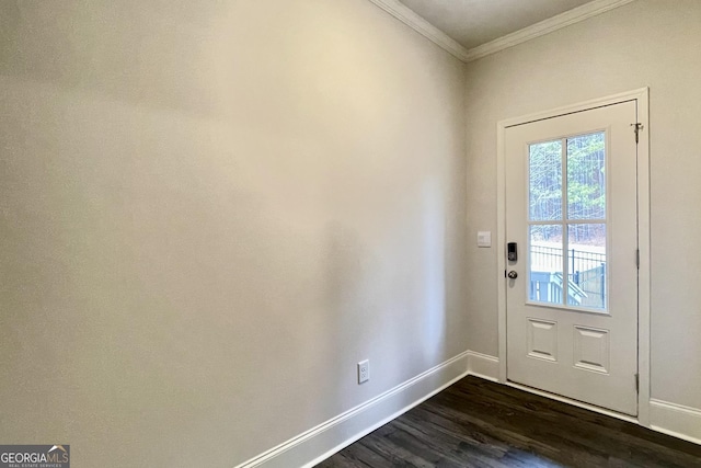 doorway to outside featuring ornamental molding and dark hardwood / wood-style floors