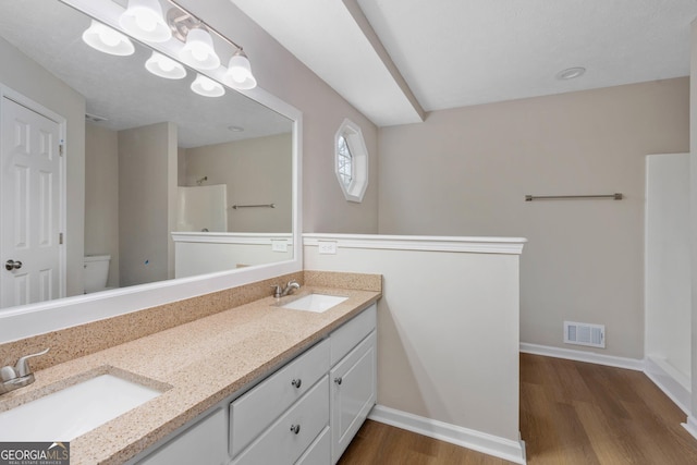 bathroom with walk in shower, vanity, and hardwood / wood-style flooring