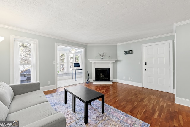 living room with hardwood / wood-style floors, ornamental molding, and a textured ceiling