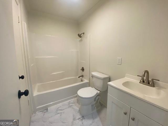 full bathroom featuring vanity, tub / shower combination, and toilet