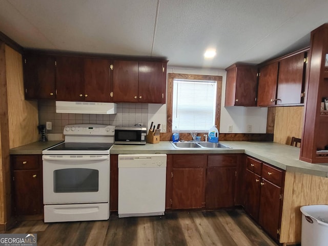 kitchen with sink, backsplash, white appliances, dark wood-type flooring, and a textured ceiling