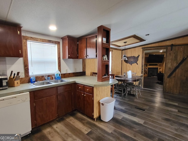 kitchen featuring sink, dark hardwood / wood-style flooring, dishwasher, pendant lighting, and a barn door