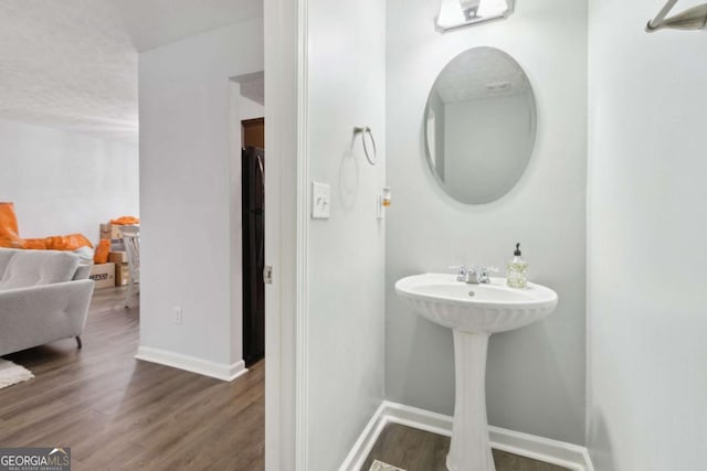 bathroom with hardwood / wood-style floors