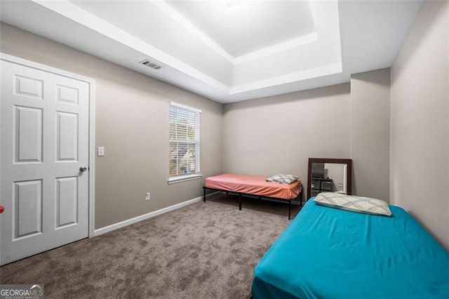 carpeted bedroom featuring a raised ceiling