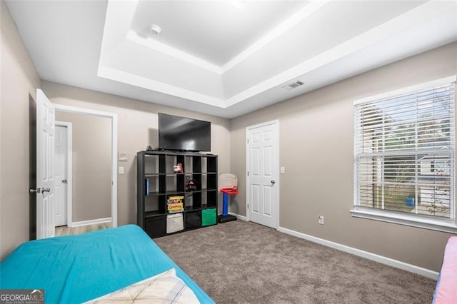 carpeted bedroom with a raised ceiling