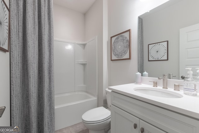 full bathroom featuring shower / tub combo with curtain, vanity, toilet, and tile patterned floors