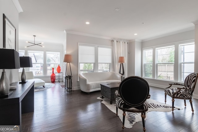 living room with dark wood-type flooring, crown molding, and a wealth of natural light