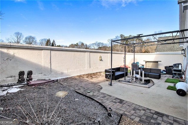 view of patio / terrace featuring an outdoor living space and a pergola