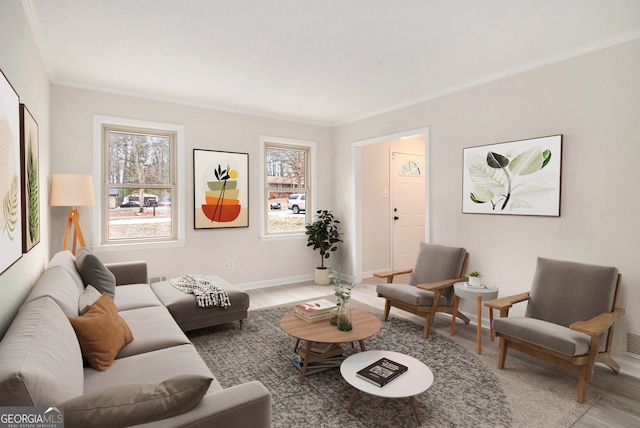 living room featuring hardwood / wood-style flooring and ornamental molding