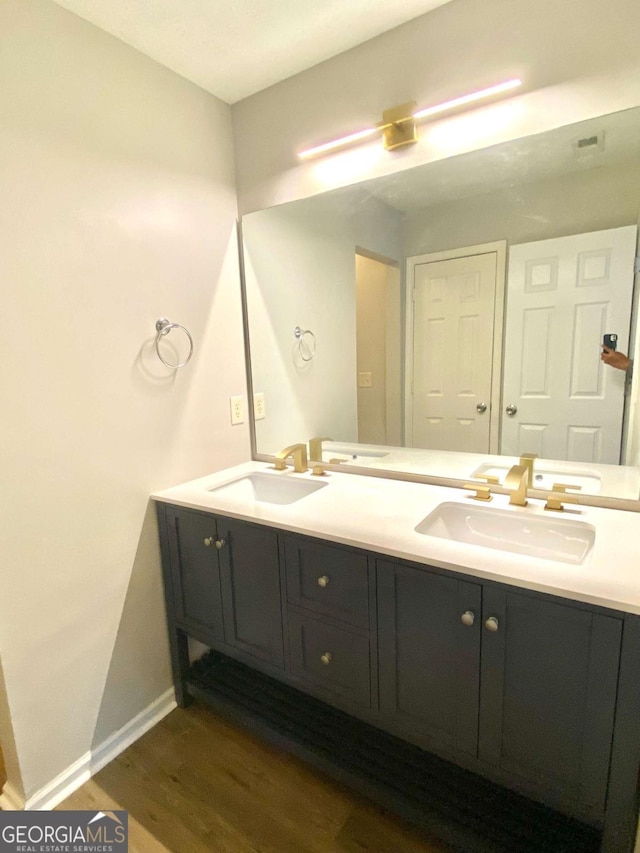 bathroom with hardwood / wood-style flooring and vanity