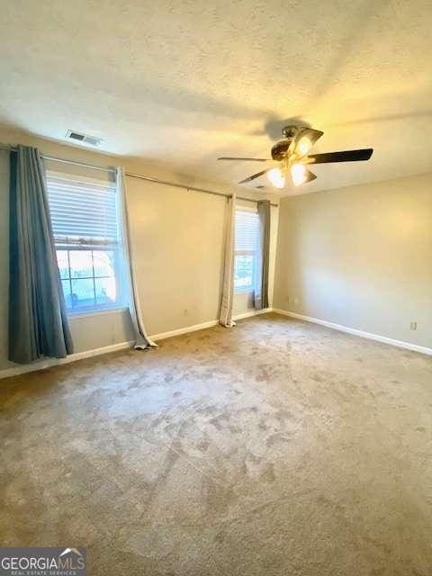 spare room with a healthy amount of sunlight, a textured ceiling, and carpet flooring