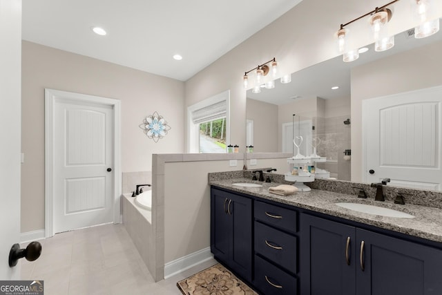 bathroom featuring vanity, separate shower and tub, and tile patterned flooring