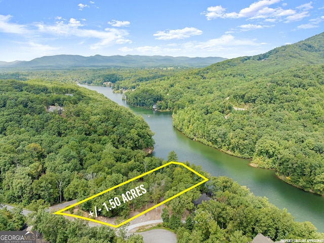 aerial view featuring a water and mountain view