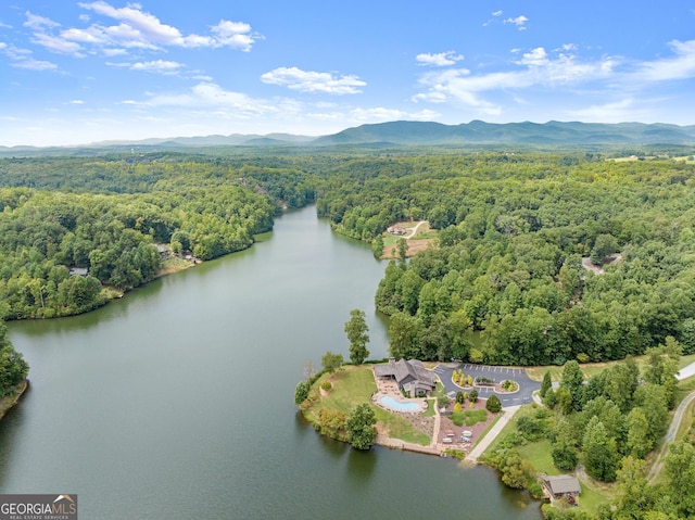 aerial view featuring a water and mountain view