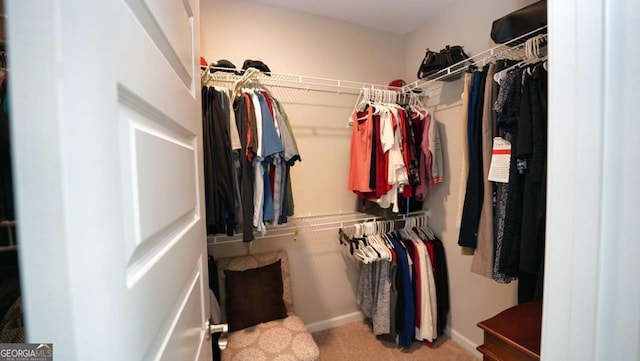 walk in closet featuring light carpet