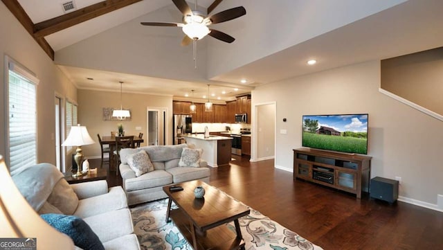 living room featuring beamed ceiling, ceiling fan, dark hardwood / wood-style floors, and high vaulted ceiling