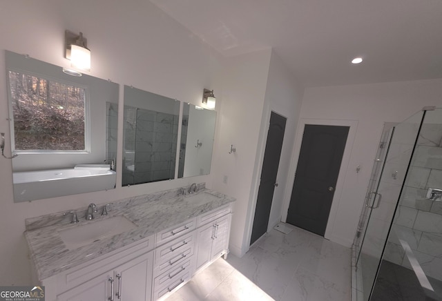 bathroom with vanity and plus walk in shower