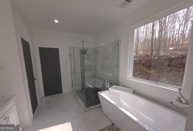 bathroom with vanity, independent shower and bath, and a healthy amount of sunlight