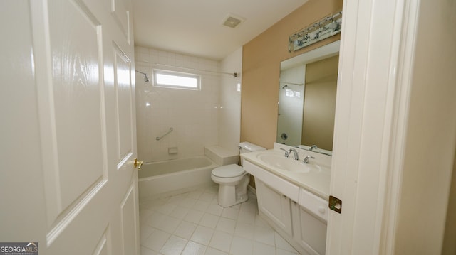 bathroom featuring vanity, visible vents, tub / shower combination, tile patterned floors, and toilet