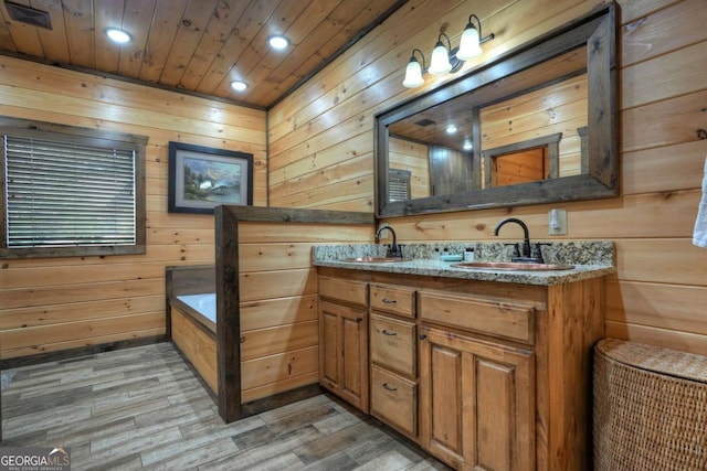 bathroom with wood ceiling, wood-type flooring, vanity, and wood walls