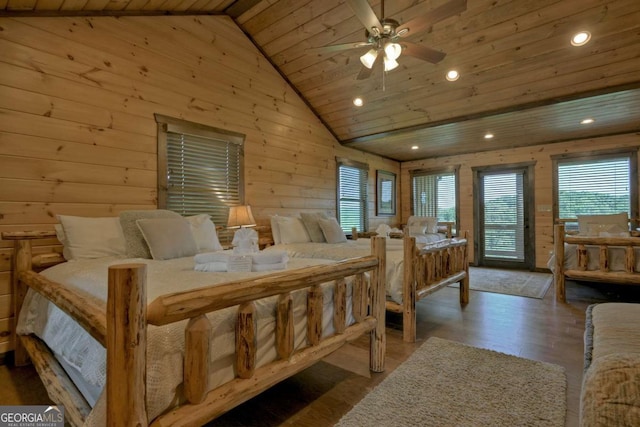 bedroom featuring wood ceiling, high vaulted ceiling, wood-type flooring, access to outside, and wood walls