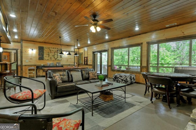 living room featuring ceiling fan, wood ceiling, and wood walls